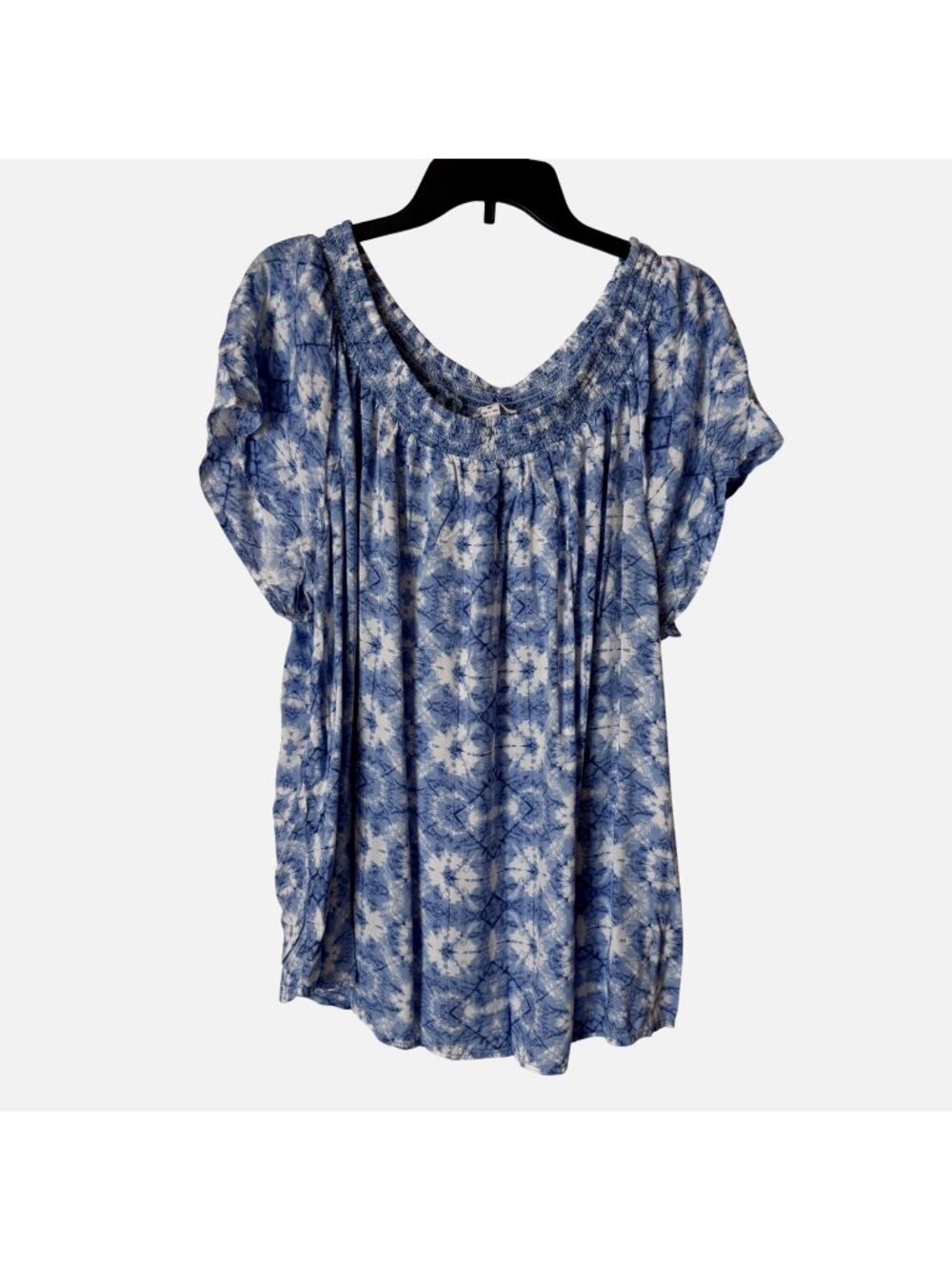 BeachLunchLounge Women Blue White Smocked Neck Short Sleeve Top Size 3X